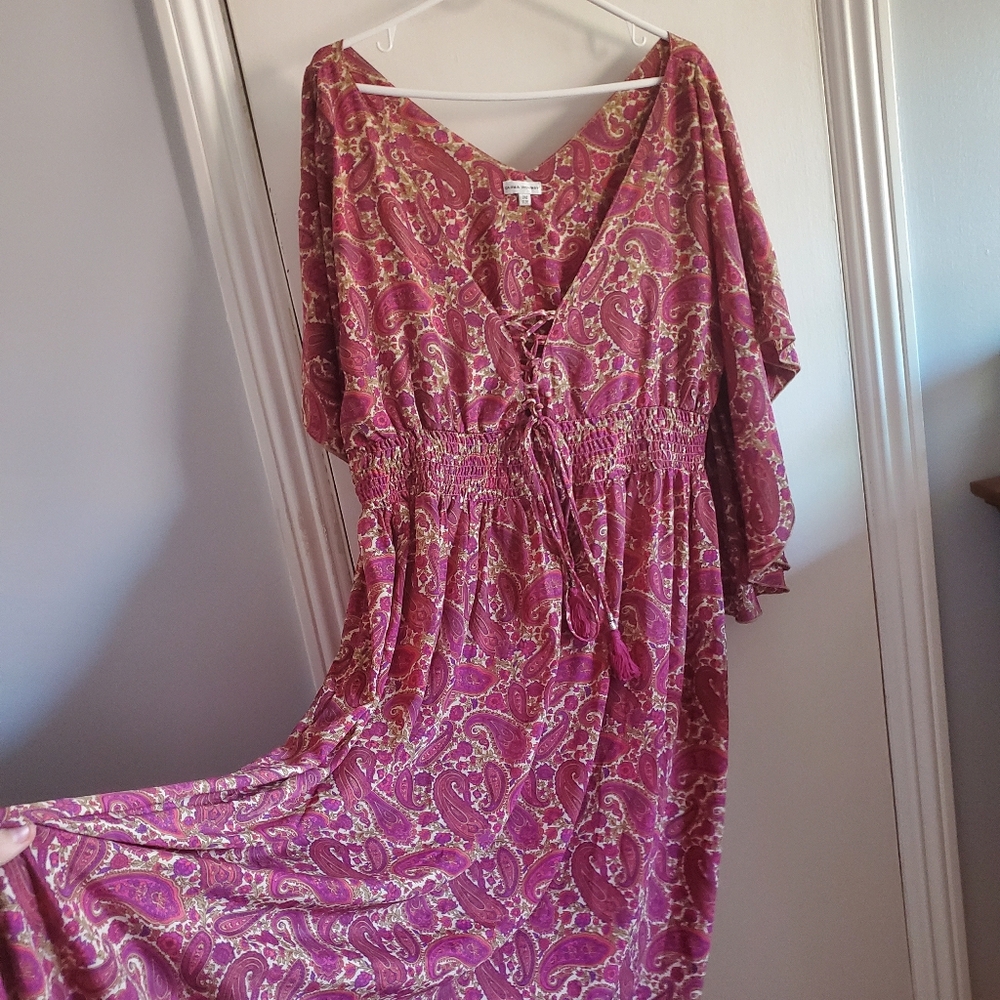 Karma Highway Paisley Maxi Dress w/ Large Flutter Sleeve OS Boho Festival 70s - Picture 7 of 16